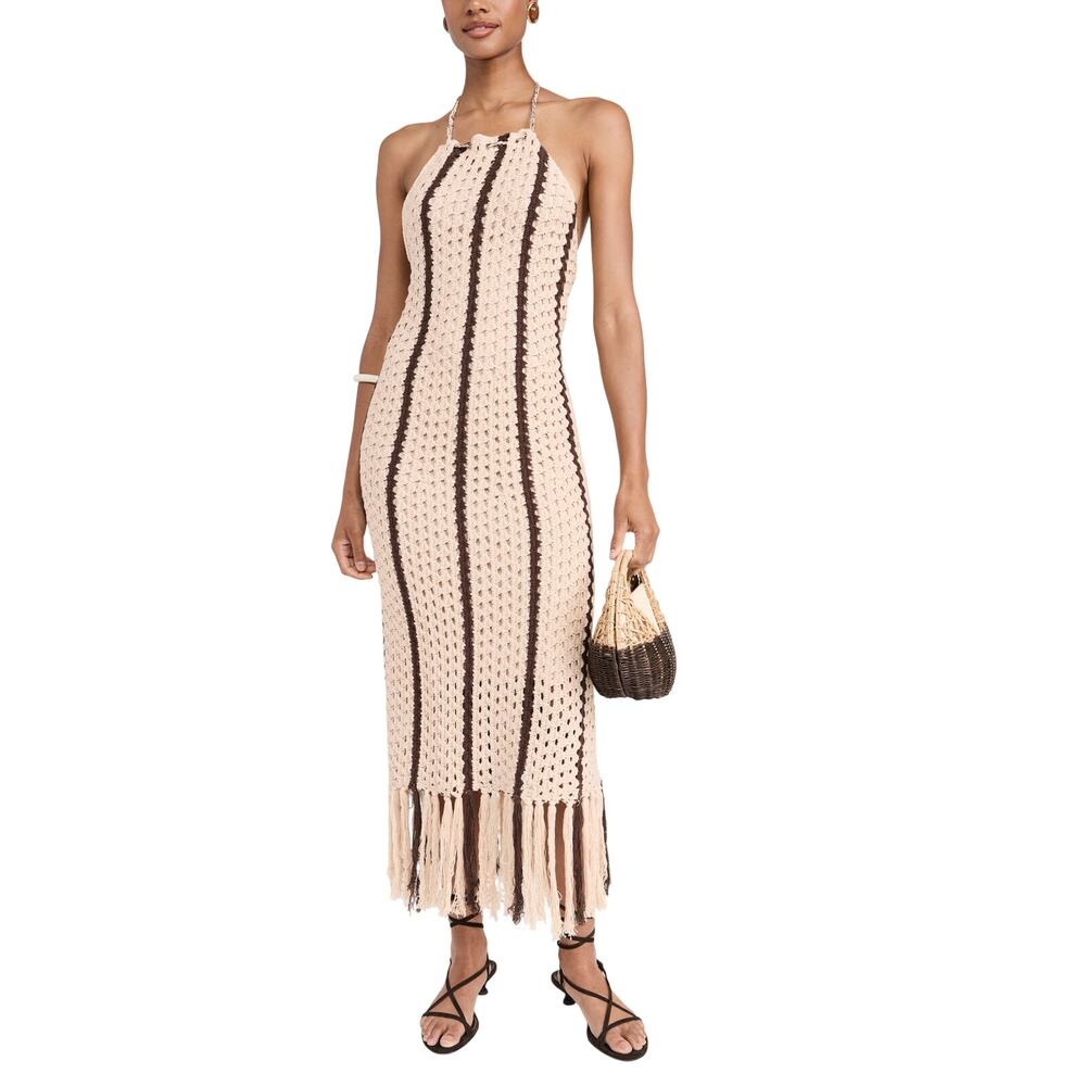 Moon River Crochet Taupe Halter Fringe Midi Dress Size S